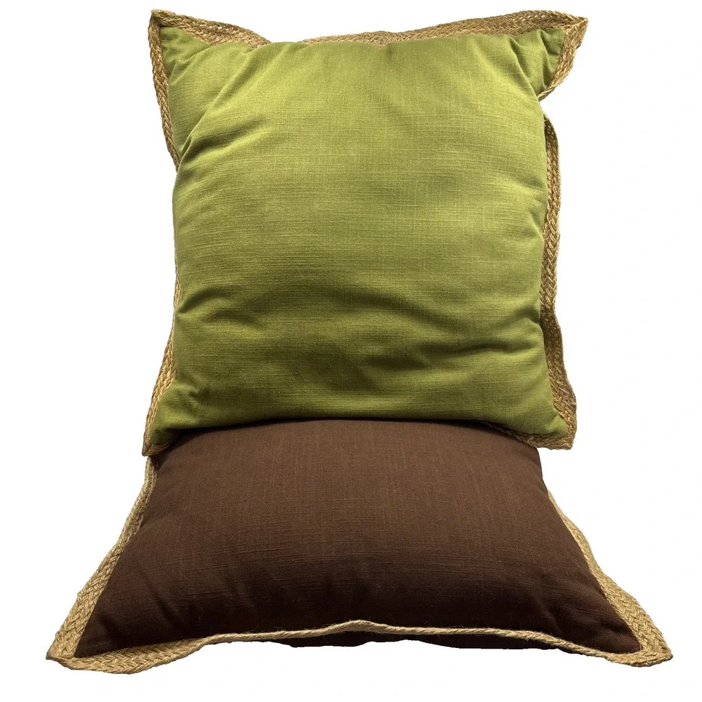 Vtg Pair Of Pier 1 100% Cotton (2) Large Pillows Green Brown W/ Jute Trim 21x21